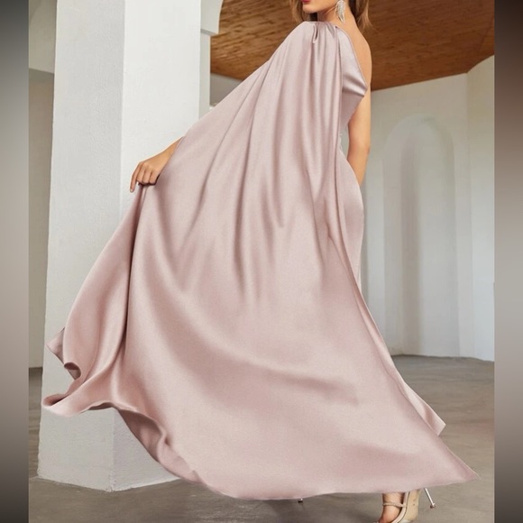 Luxe light gray one shoulder party formal evening wedding prom satin dress - Picture 14 of 16